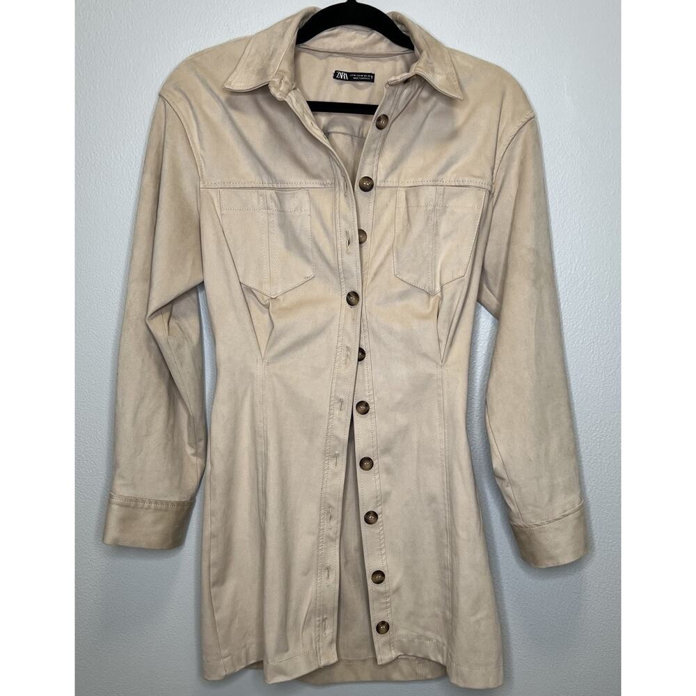 ZARA Women’s Beige Faux Suede Shirt Dress Jacket – Long Sleeve Button Down, West